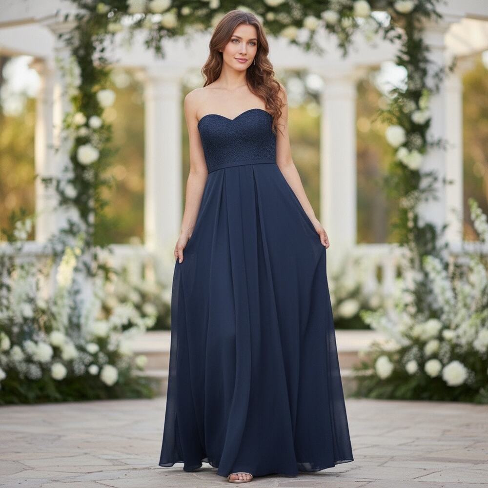 Navy Mori‎ Lee Chiffon Bridesmaid Formal Prom Evening Wedding Dress Size S NWT